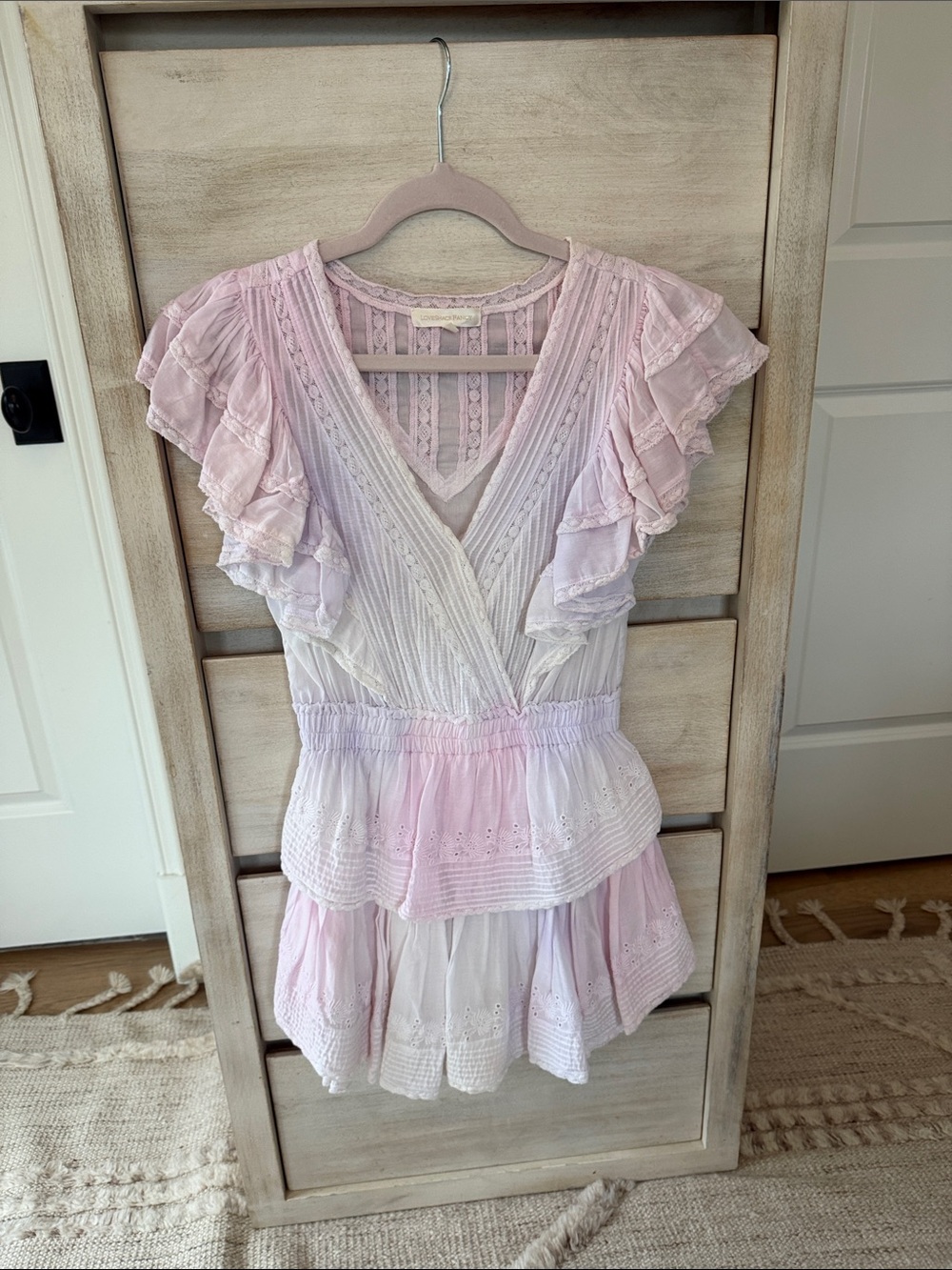 LoveShackFancy Pink and White Ruffled V‑Neck Peplum Blouse